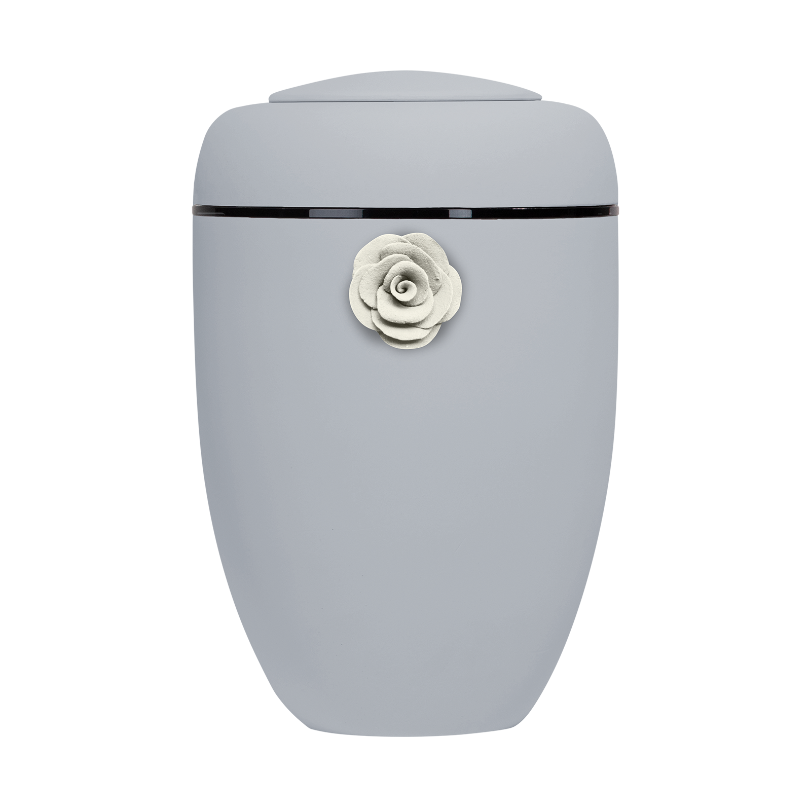 Hellgraue Symbol-Urne mit weißer Tonrose und schwarze Plexiglasscheibe